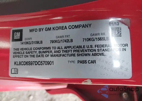 2013 Chevrolet Spark 1Lt Auto from USA, damaged, VIN KL8CD6S97DC570901